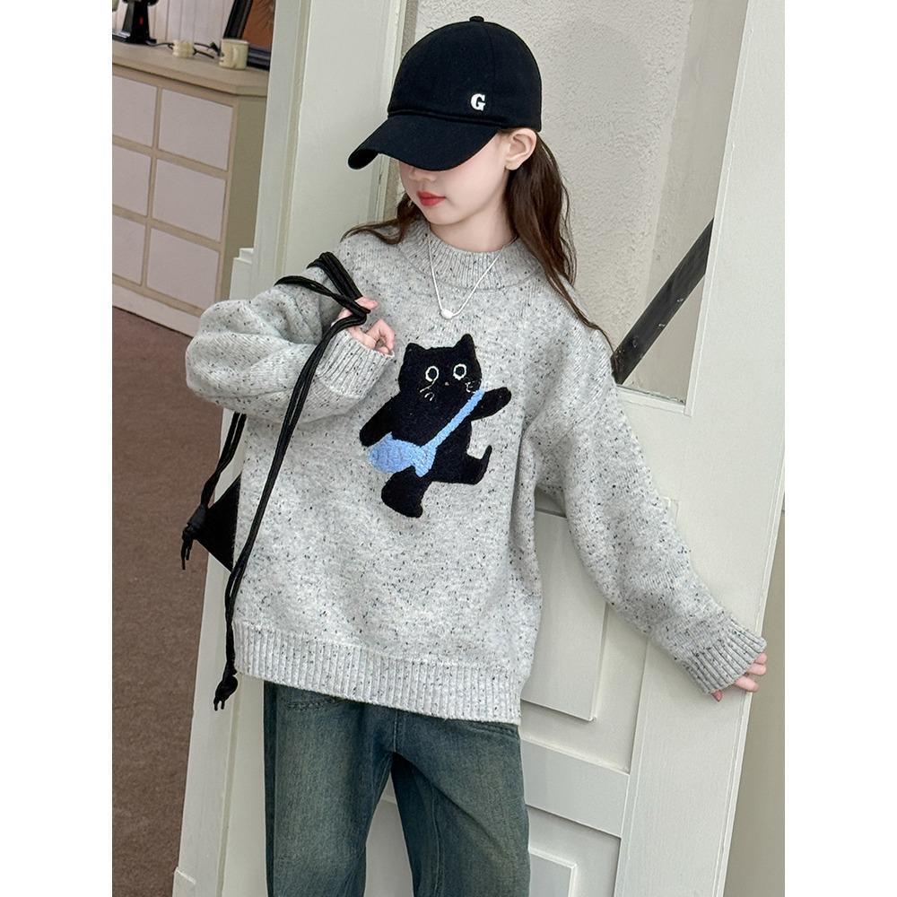 女童套头毛衣秋冬装2025新款女大童时尚针织上衣儿童猫咪卡通毛衣