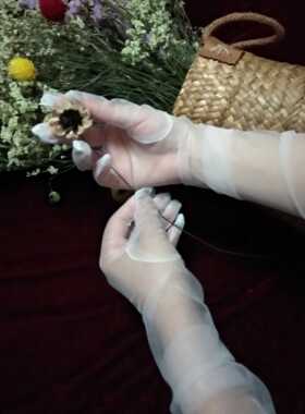 晶世因缘  新娘素纱长款手套晚晚同款简约白纱手套结婚五指手套