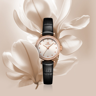 上海手表女款 摩登系列小玉兰复古玲珑锆石壳黑带石英表
