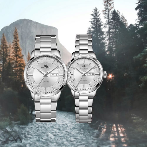 上海手表男女款双历钢带机械腕表