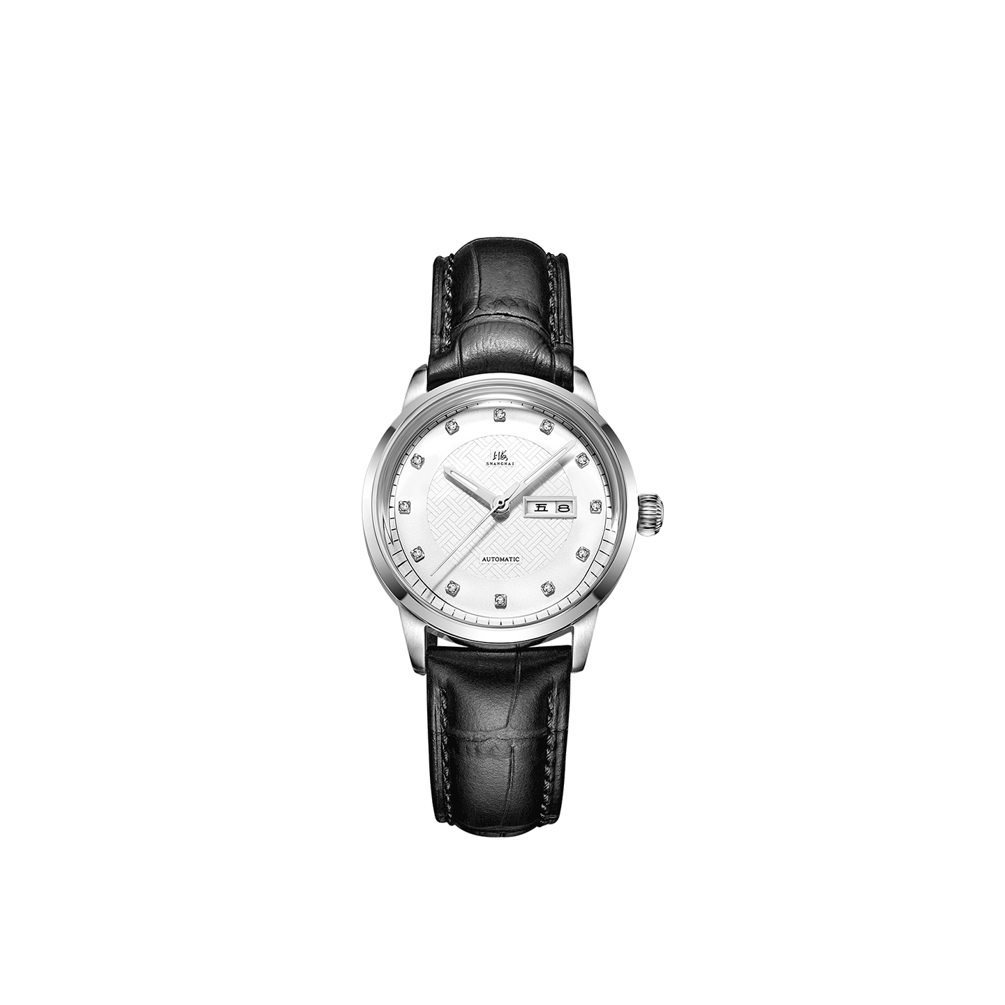 上海手表女款镶钻全自动透底双历钢带机械表803