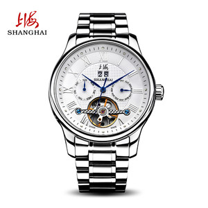 上海手表中国产全自动机械表男休闲飞轮钢带罗马刻度日历星期镂空