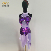 拉丁舞服专业少女儿童表演成人贴钻紫色网纱吊带裙高开叉重工360