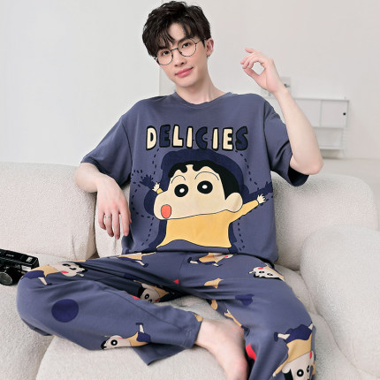 男士春夏季薄款短袖长裤纯棉卡通蜡笔小新青少年初中学生男孩睡衣