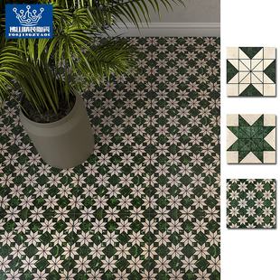 复古港式 餐厅防滑地板砖 仿马赛克瓷砖300300墨绿色花砖奶茶店粤式