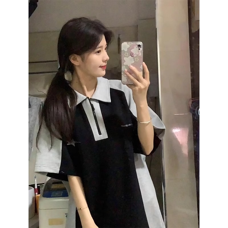 撞色拼接polo领初高中学生T恤女