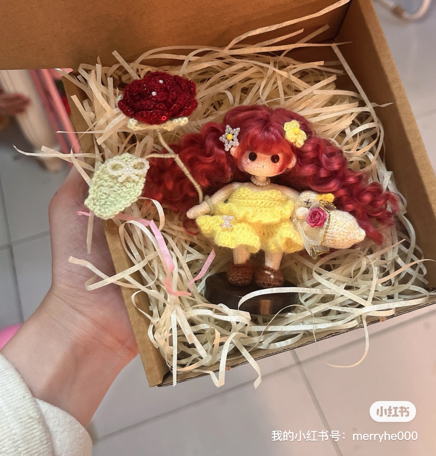 双股棉仔小樱手工编织毛线玩偶摆件挂件成品带玫瑰花