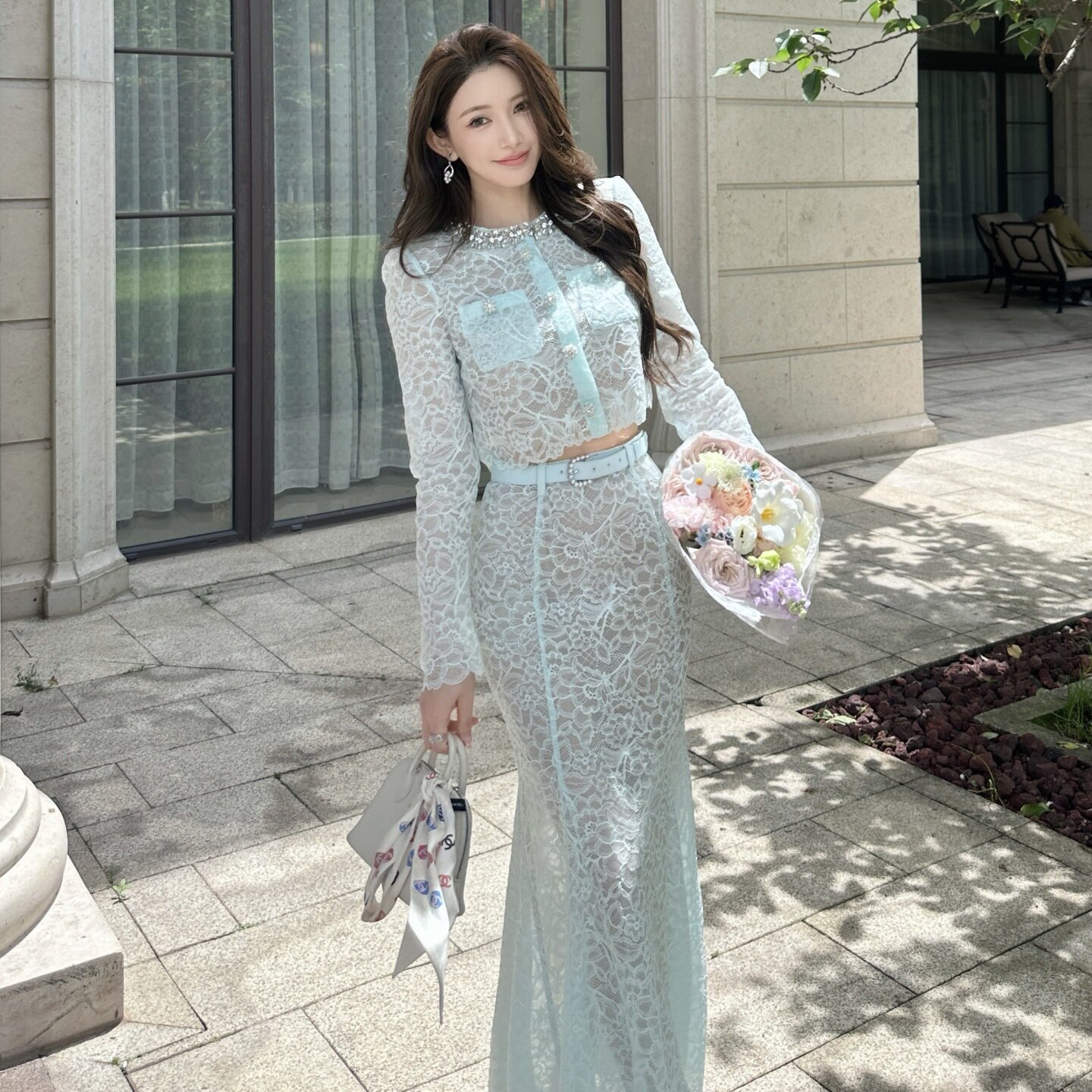 学媛风女装气质长袖蕾丝开衫上衣鱼尾半身长裙法式小香风仙气套装