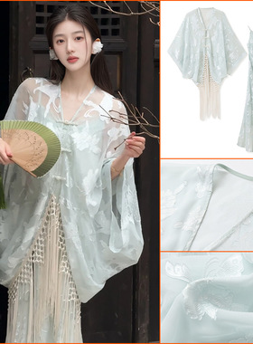 夏季2025国风新款高端开衫宽松外套仙气吊带连衣裙套装女 N3112