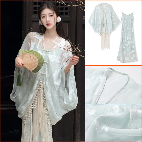 夏季2025国风新款高端开衫宽松外套仙气吊带连衣裙套装女 N3112