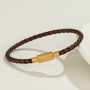 周D福皮绳金色信念钛钢转运珠手绳男女不锈钢扣黑色真皮潮牌饰品