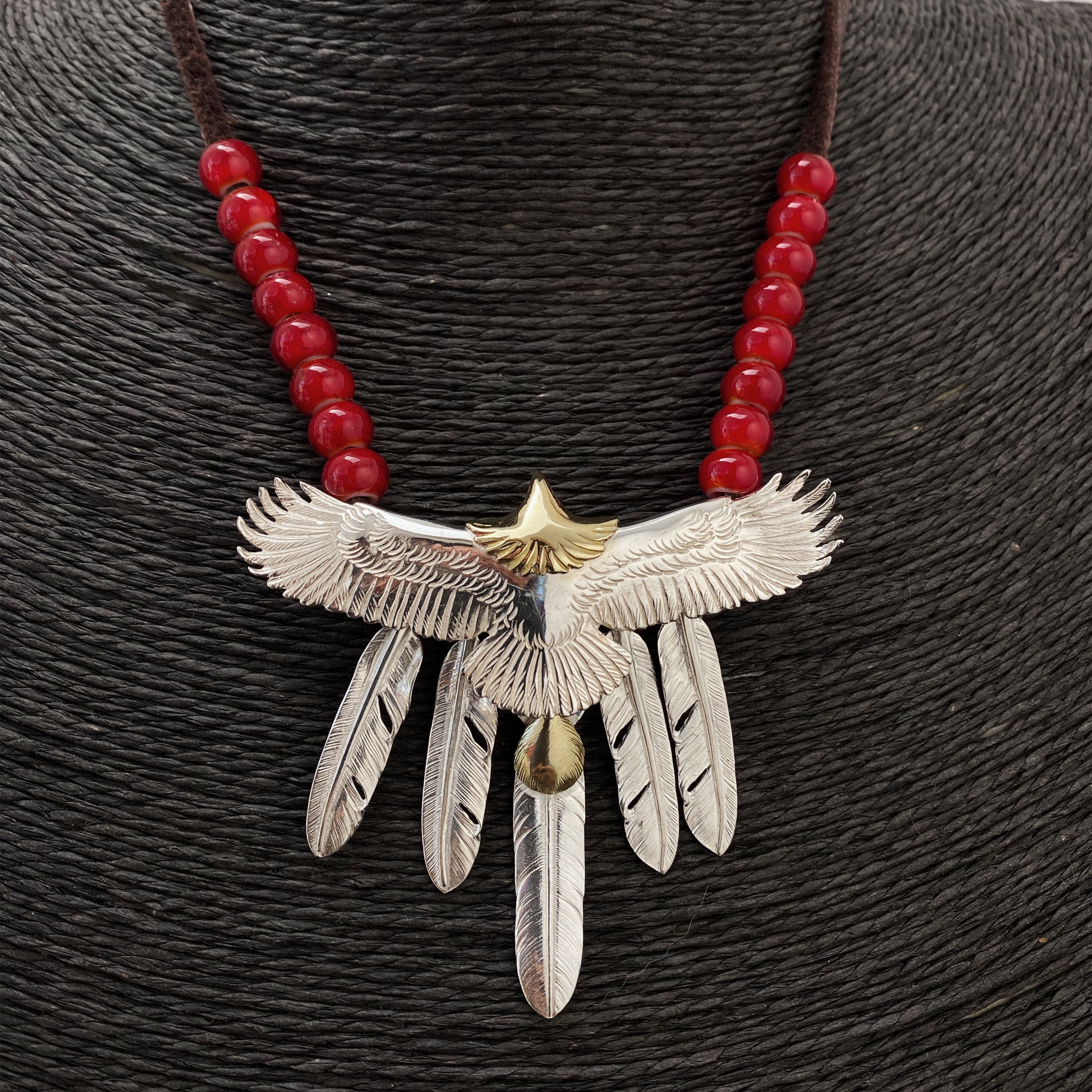 不同银匠 高桥风格手工铜头中鹰羽毛吊坠925纯银琉璃珠鹿皮绳套链