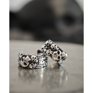 不同银匠 通体复古925纯银骷髅头耳环嘻哈潮男朋克摇滚耳扣银耳饰