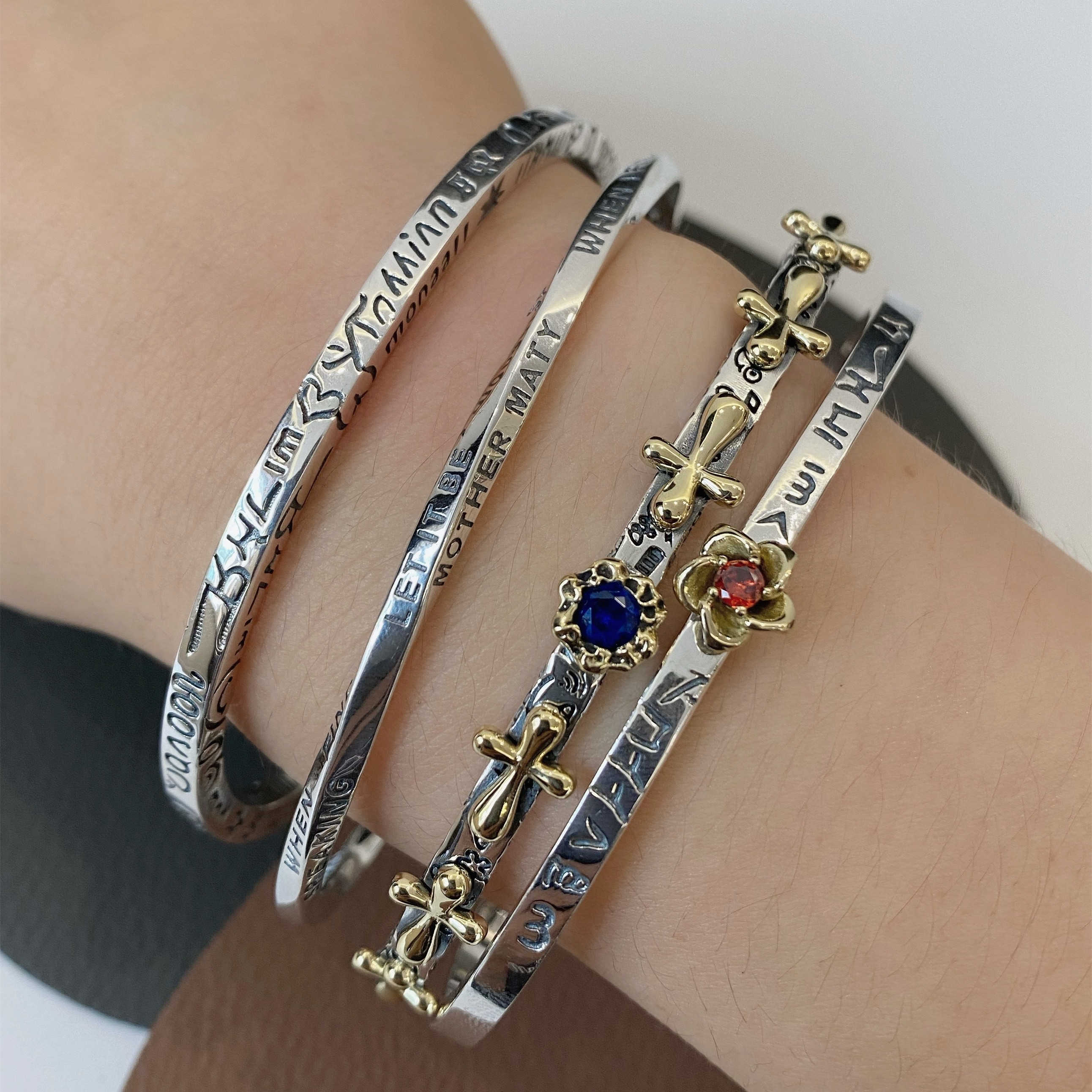 水钻手镯男女925纯银涂鸦细开口