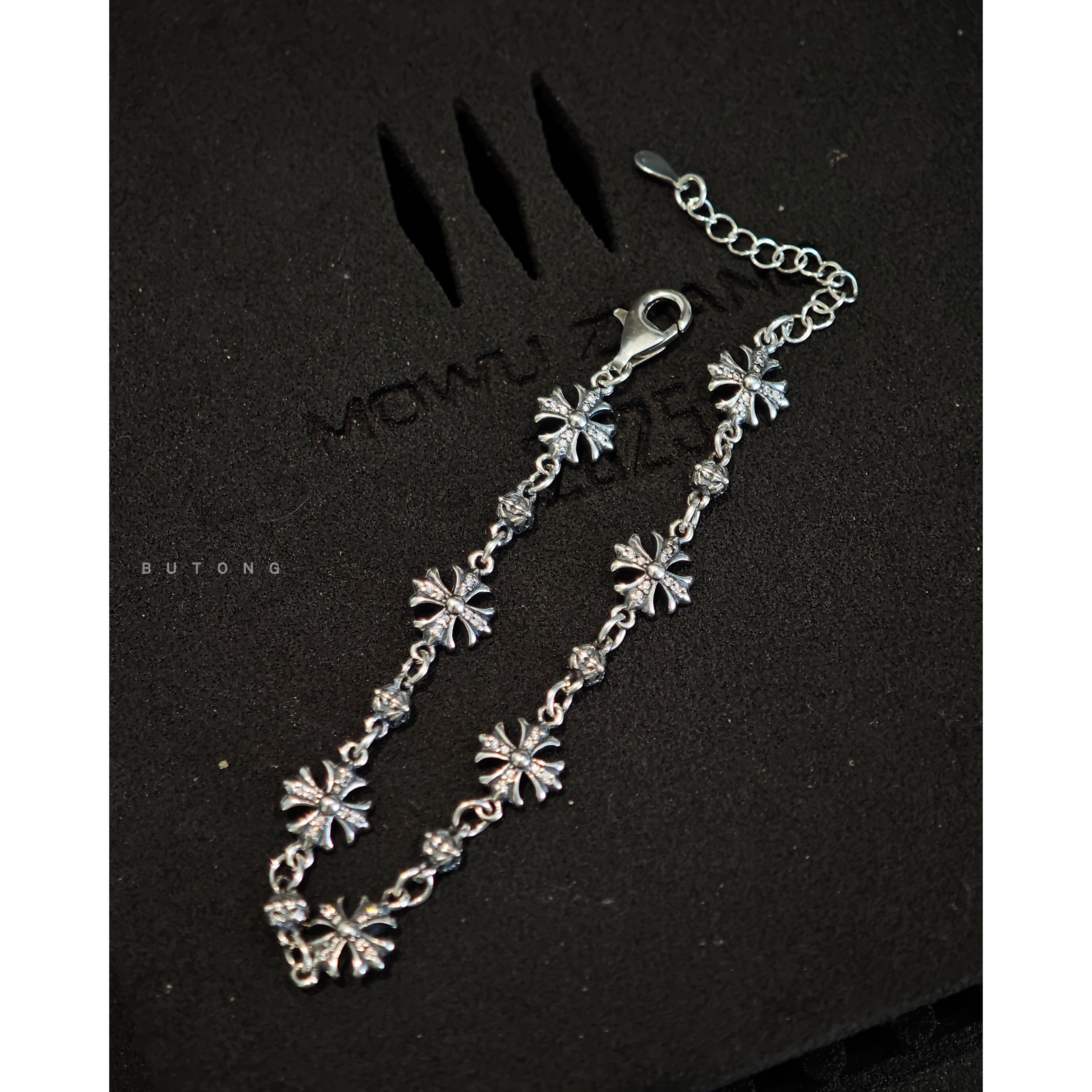 欧美复古925银十字水钻手链