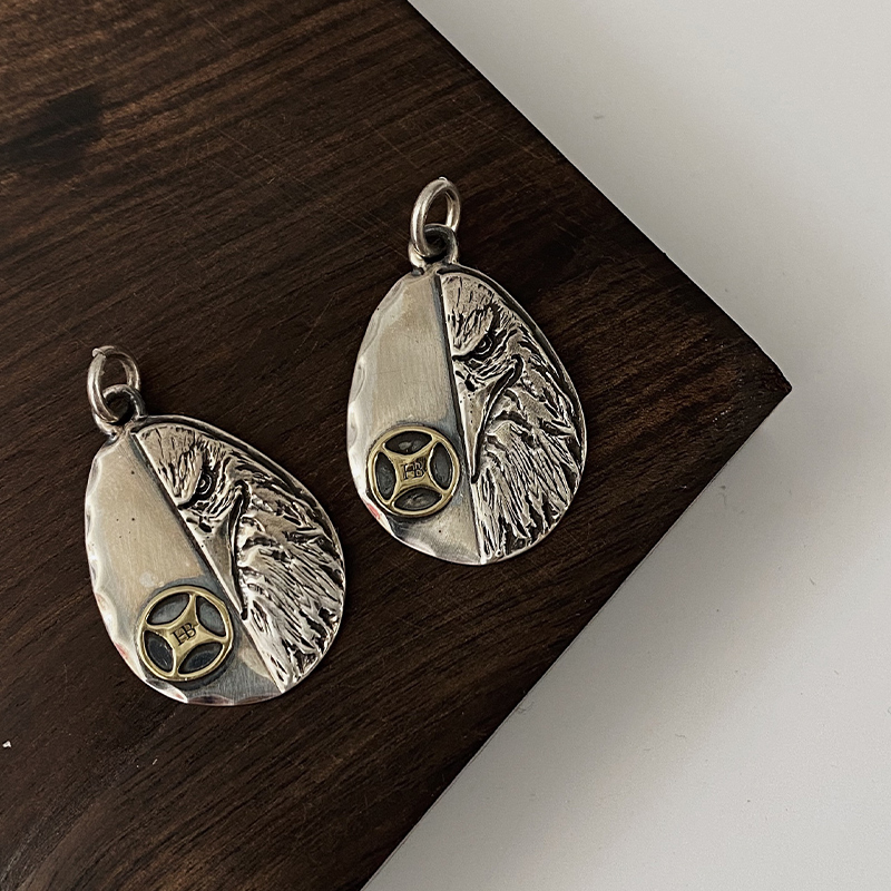 不同银匠 日潮925纯银hb半老鹰头小银饼复古项链吊坠印第安朋克男