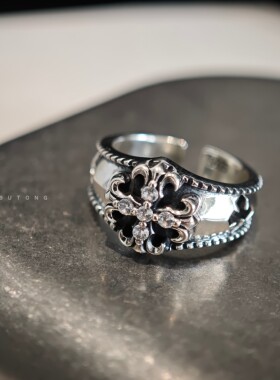 925银复古十字开口水钻男女戒指