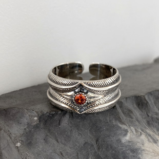 不同银匠 复古925纯银镶嵌红水钻几何花纹开口戒指朋克潮男女指环