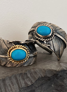 不同银匠 手作925纯银镶嵌松石羽毛开口戒指非高桥复古潮男女指环