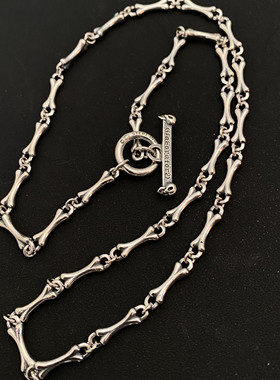 不同银匠 通体925纯银刻骨头项链骷髅字母OT链复古个性潮男毛衣链