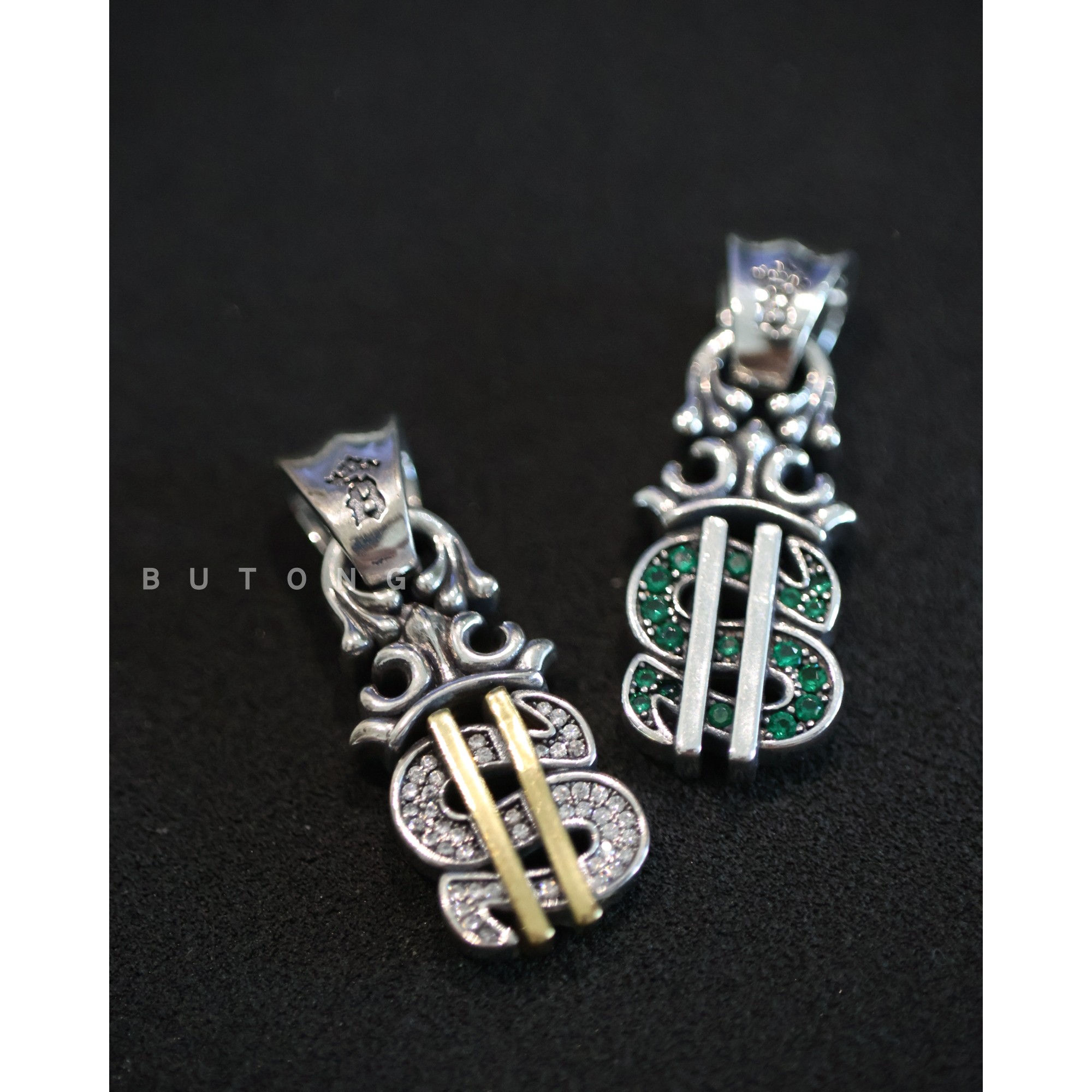 925银镶白绿锆石美金符号吊坠男