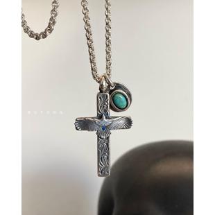 不同银匠 手作925纯银复古唐草花纹十字架老鹰吊坠美松石项链男女