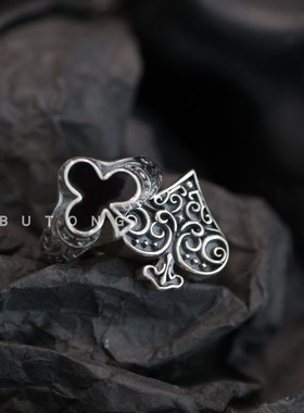 不同银匠 幸运黑桃925纯银开口戒指黑色滴胶食指戒指情侣款银指环