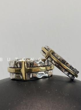 不同银匠 复古925纯银镶黄铜十字架开口戒指锤纹尾戒男女情侣指环