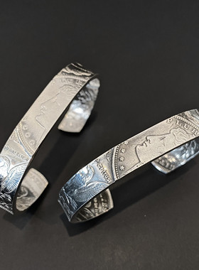 不同银匠 原创925纯银摩根币花纹窄版开口手镯潮酷男女情侣款手环