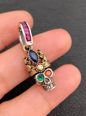 男女925纯银彩锆石皇冠骷髅吊坠