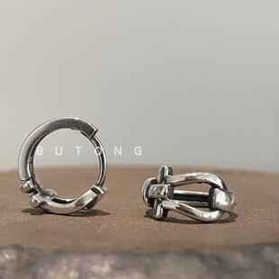不同银匠 通体S925纯银素圈耳环男女简约百搭马蹄扣耳钉几何线条