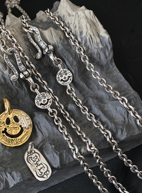 S925笑脸涂鸦字母复古嘻哈银项链