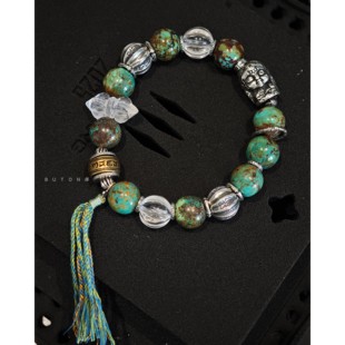 不同银匠 素手链女 复古925纯银扎基拉姆手串天然绿松石白水晶多元