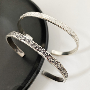不同银匠 日潮手工雕刻唐草花纹细窄开口手镯925纯银飞鹰男女手环