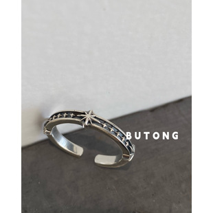 不同银匠 日韩复古925纯银六芒星星开口戒指细窄男女指环尾戒叠戴