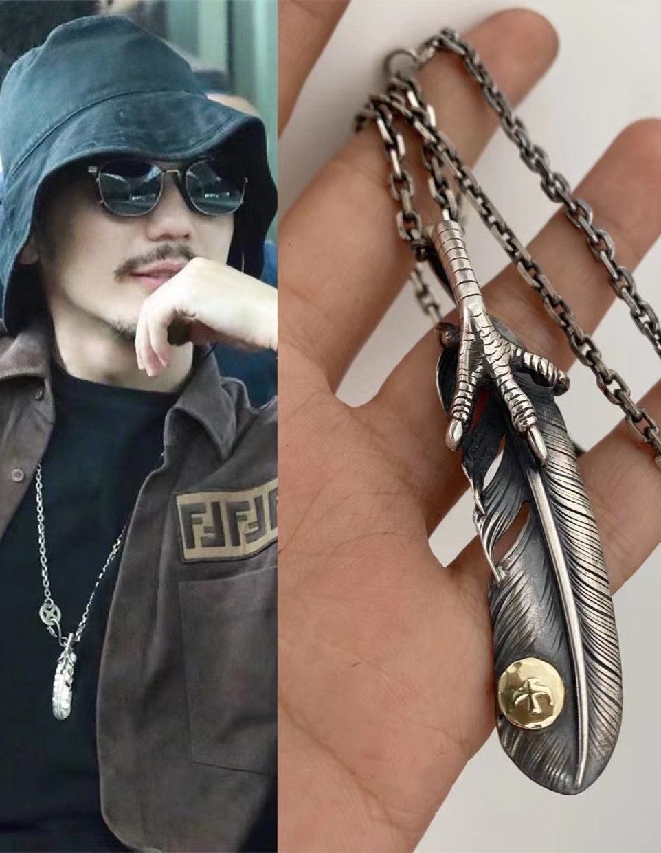 不同银匠 手作925纯银海胆鹰爪羽毛吊坠白宇明星同款项链复古男女