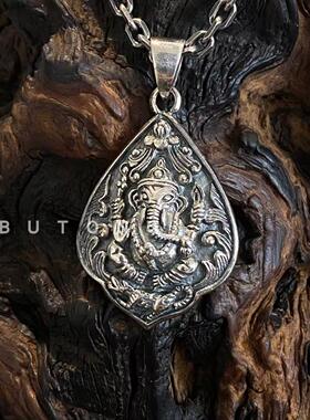 925纯银复古做旧象神男吊坠项链