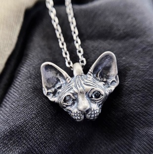 不同银匠 斯芬克斯猫咪吊坠手工银饰复古无毛猫纯银饰品 原创个性