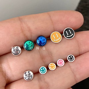 不同银匠 通体925纯银烤漆笑脸圆形耳钉螺丝耳堵彩色开心男女耳饰