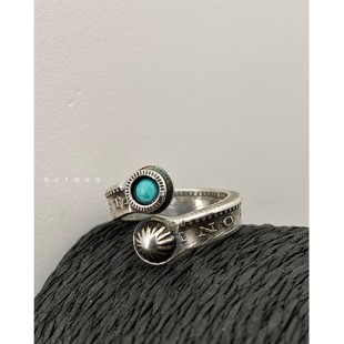 不同银匠 手作925纯银摩根币花纹镶嵌天然美松石开口戒指复古情侣