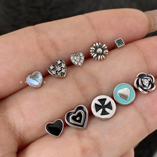 不同银匠 925纯银色彩水钻爱心花朵耳钉螺丝耳堵防过敏迷你耳骨钉