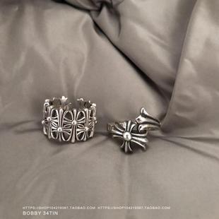 925纯银复古泰银十字骷髅开口戒指嘻哈个性哥特风朋克男女款指环