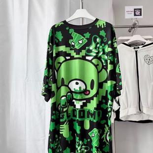 日系荧光绿像素风血腥熊Gloomy短袖T恤赛博朋克 oversize印花上衣