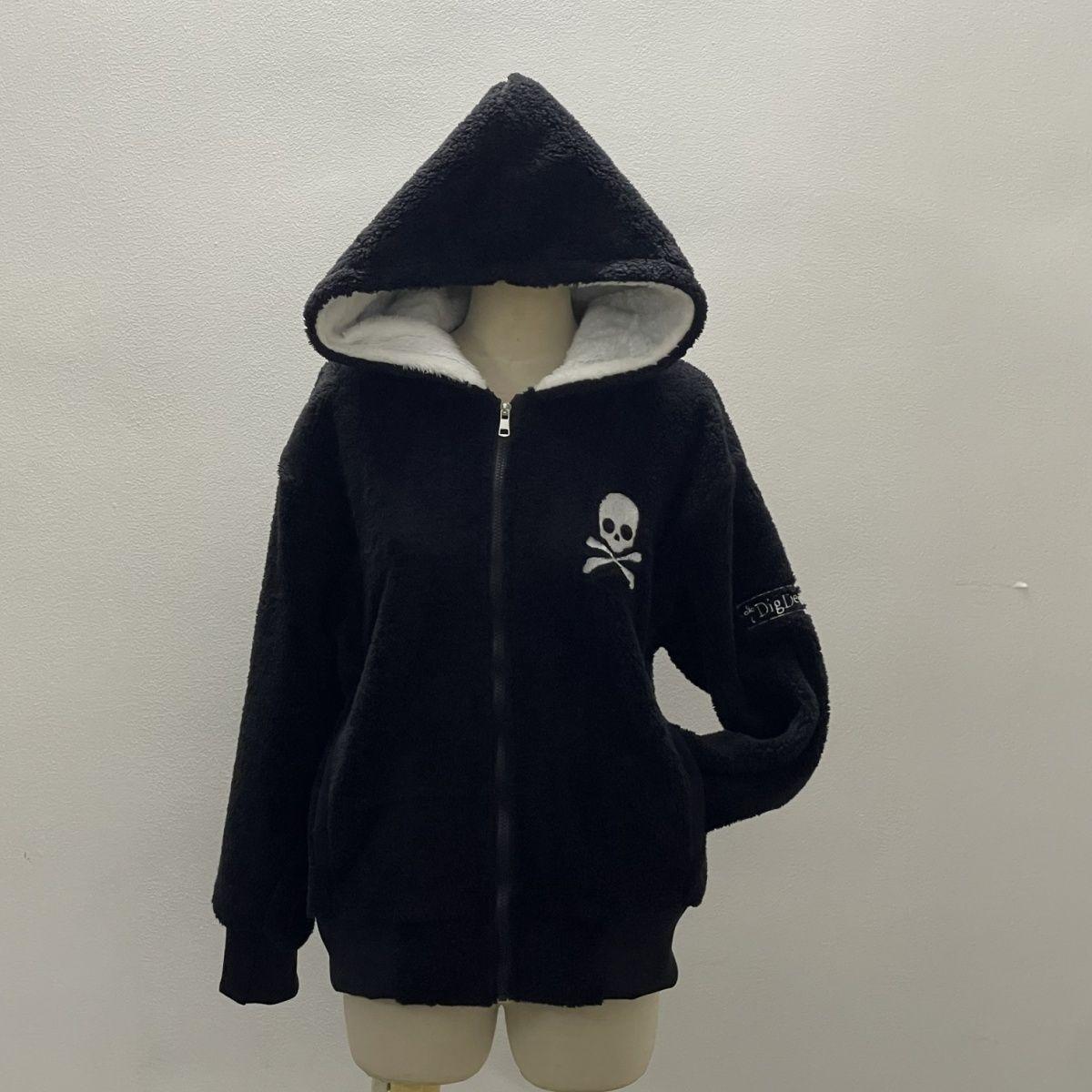 千禧y2k黑色羊羔毛连帽卫衣