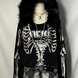美式复古辣妹亚文化骷髅骨架印花大毛领连帽外套加绒朋克秋冬卫衣