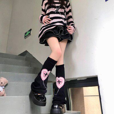 블랙 핑크 Y2K 달콤하고 시원한 러브 레그 세트 여성용 가을 겨울 스타일 핫 걸 인 가역 착용 와이드 레그 JK 양말 여성용 세트