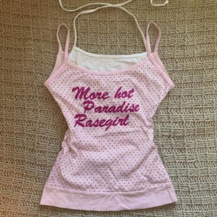 美式 复古vintage古早日系粉色波点字母印花绑带挂脖吊带显瘦甜美