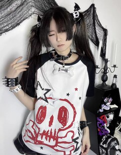 轻亚文化朋克宽松小众星星休闲插肩T恤中性二次元骷髅短袖上衣潮