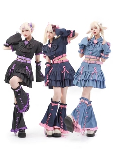 y2k甜酷辣妹闺蜜双子多巴胺亚文化牛仔可拆袖上衣蛋糕半身裙套装