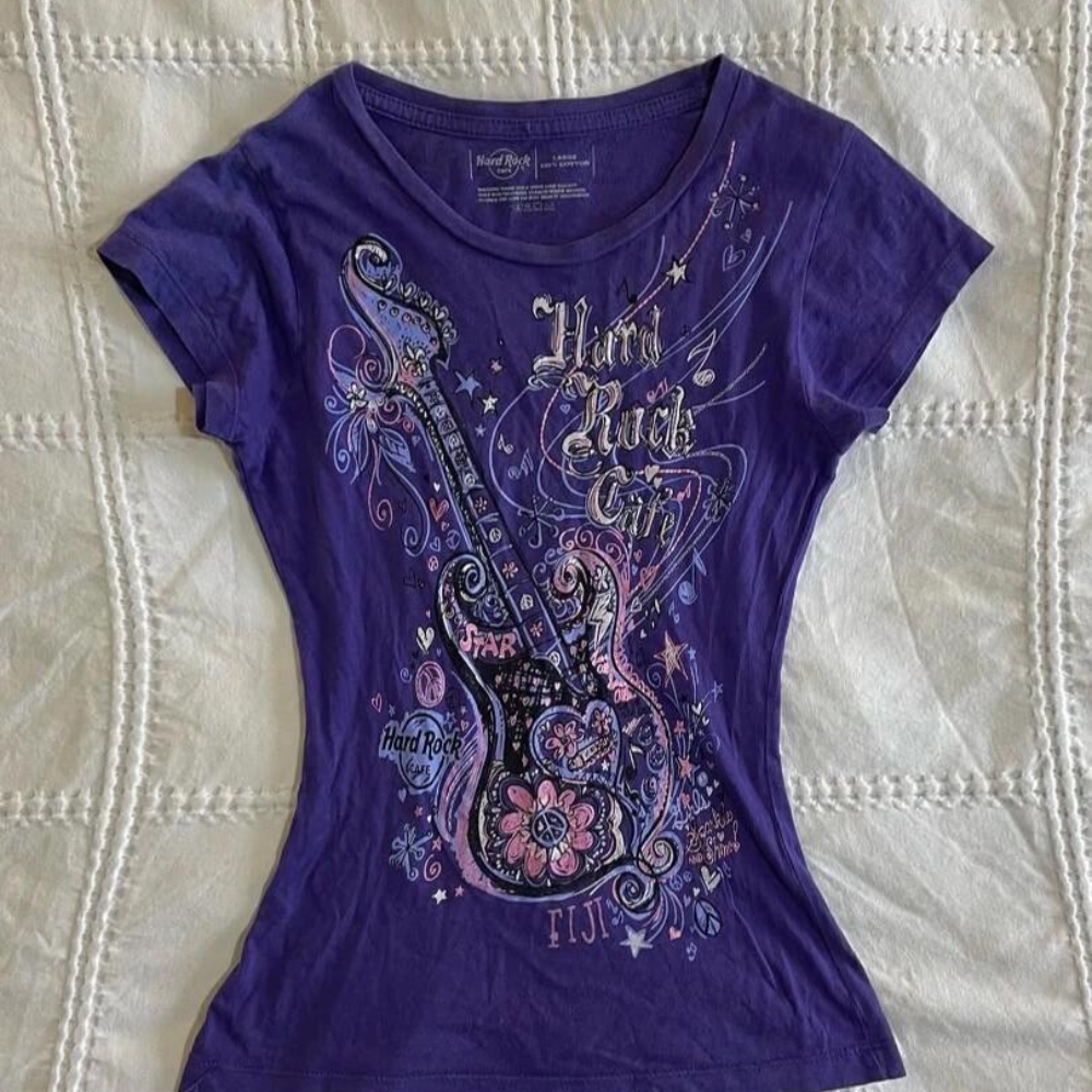 美式复古Vintage古着紫色摇滚风设计吉他印花短袖女款收腰T恤夏季
